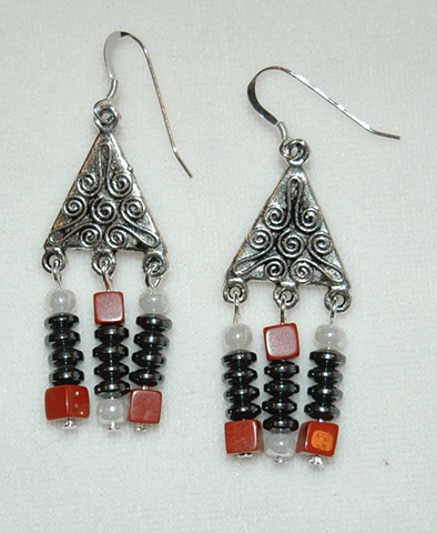 Antiqued silver scrolled triangle Earrings with three dangling extensions of Freshwater pearls, hematite and red jasper on Sterling silver French ear wires