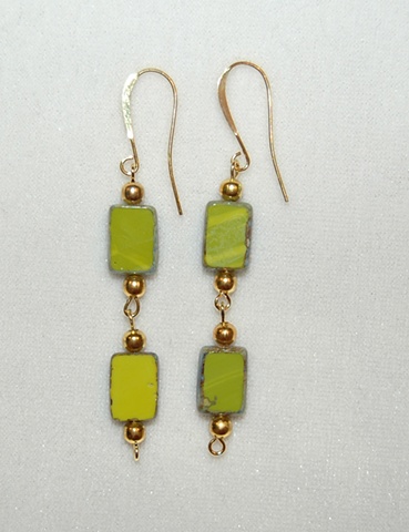 Dangling Earrings of Picasso-style Czech glass beads in lime green