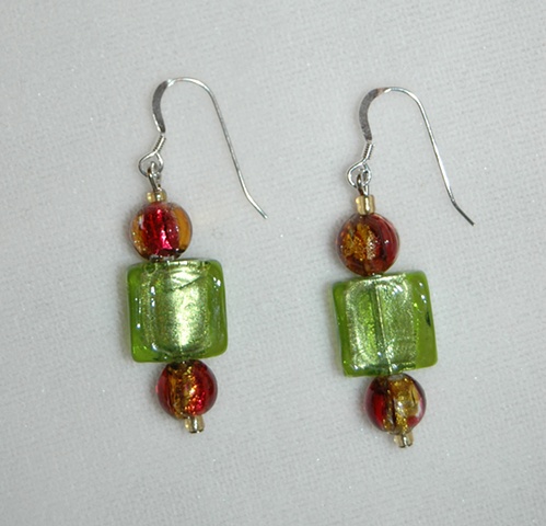 Murano style glass bead Earrings in square-shaped apple green with topaz/magenta mix round bead on Sterling silver French ear wires