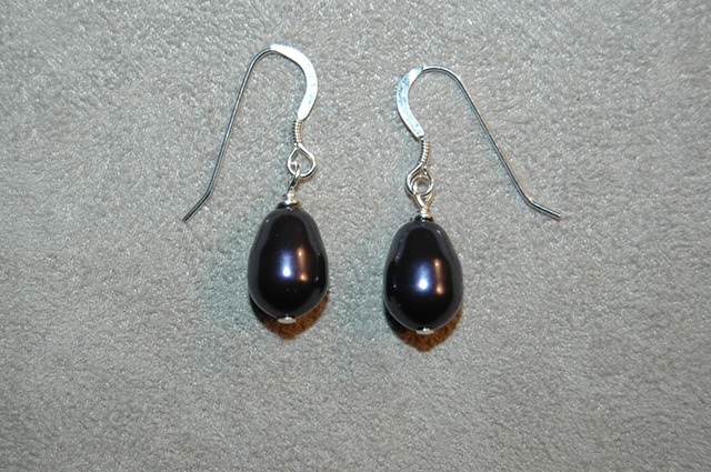 Swarovski Dark Purple Glass Pearl Teardrop Earrings on Sterling Silver ear wires