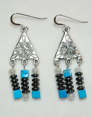 Antiqued silver scrolled triangle Earrings with three dangling extensions of Freshwater pearls, hematite and blue howlite on Sterling silver French ear wires