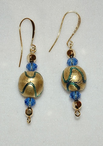 Incised 22K Gold leaf over round blue glass bead Earrings accented with sapphire blue crystal and gold metal beads