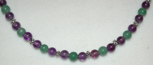 Necklace of alternating Semi-precious Gemstones of Amethyst and Green Adventurine with Pewter spacer beads 