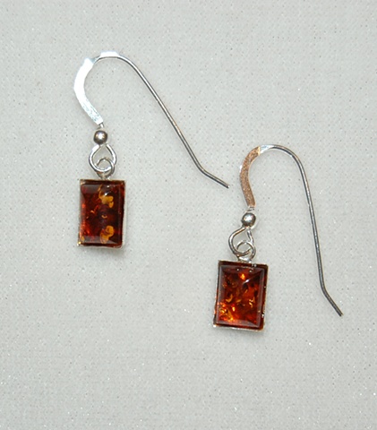 Dark Amber drop earrings, rectangular in shape, set in Sterling silver on Sterling silver French ear wires