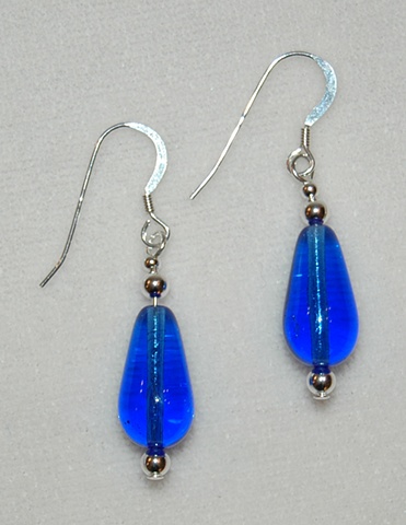 Teardrop shaped Cobalt blue Glass Earrings with Sterling silver accent beads