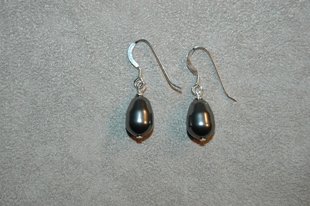 Swarovski Dark Grey Glass Pearl Teardop Earrings on sterling silver ear wires.