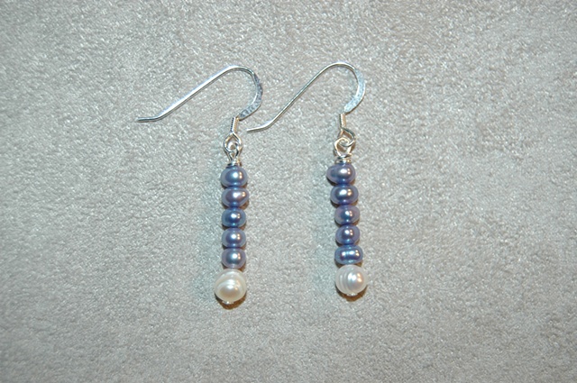 Blue Button-shaped Freshwater pearls with white pearl accent on sterling silver ear wires