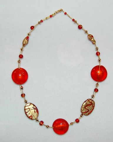 Gold Leaf over glass beads triple strand necklace red