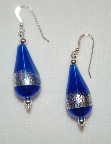 Blown Glass Earrings in Cobalt blue with silver leaf, in elongated tear-shape with Sterling silver spacers 