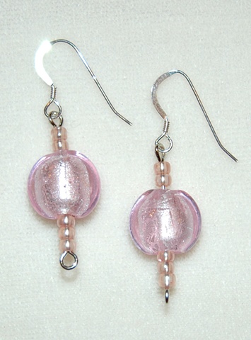 Small puff-coin-shaped murano style glass baby pink Earrings with rose seed bead accents