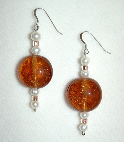 Copper foil lined murano style glass and freshwater pearls