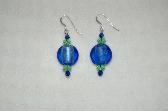 Earrings of cobalt blue murano style glass with cobalt and emerald crystal beads