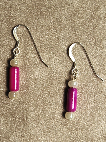 Freshwater and  magenta Mother of Pearl Earrings on Sterling silver ear wires