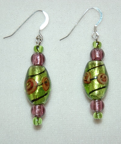 Foil lined apple green bead Earrings with black swirl and pink-tone design accented with amethyst murano style glass beads 