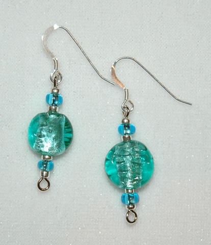 Flat, round, aqua, foil-lined faceted Glass Earrings accented with aqua and silver glass seed beads