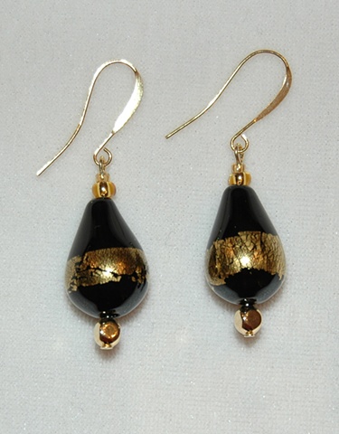Rounded tear-shaped Black Blown Glass Earrings with Gold Leaf 
