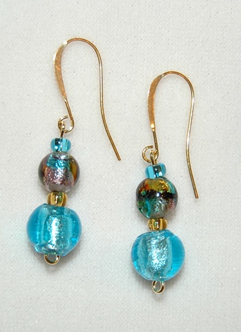 Soft Aqua foil lined glass bead Earrings, round in shape, accented with murano style glass bead in soft mix of aqua/topaz/purple and aqua and gold glass seed beads 