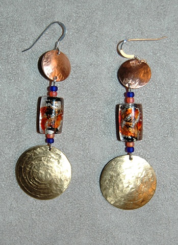 Hammered and incised Copper and Brass with Foiled glass bead