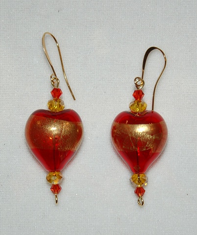 Red Heart-shaped Blown Glass Earrings with Gold Leaf and crystal beads
