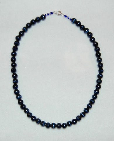 Midnight blue "Cats eye" round Glass bead Necklace with Sterling silver clasp