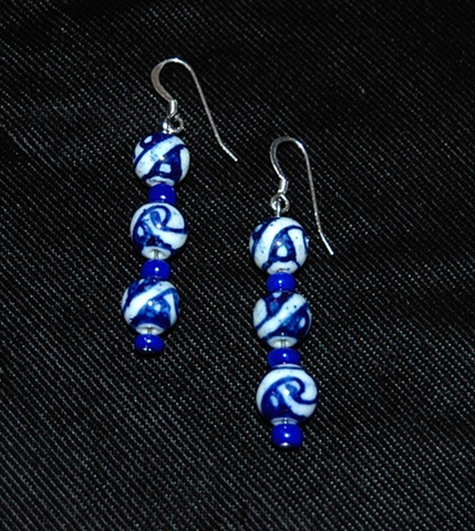 Blue and white Porcelain bead Earrings on Sterling silver French ear wires