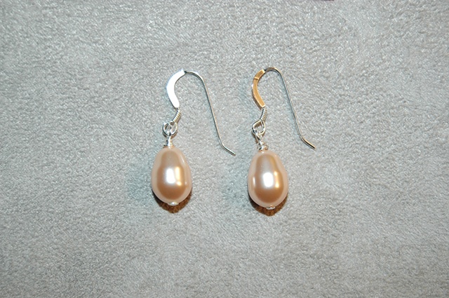 Swarovski Peach Glass Pearl Teardop Earrings on Sterling silver ear wires