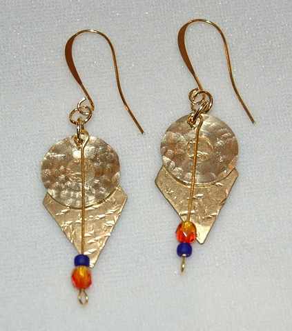Hammered Brass Disc Diamond shape with dangling eye pin extension of blue & orange glass beads
