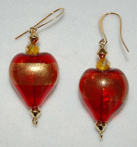 Red Heart-shaped Blown glass with gold leaf Earrings