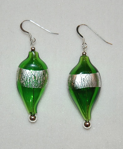 Elongated Green Blown Glass Earrings with Silver Leaf accented with Sterling silver beads