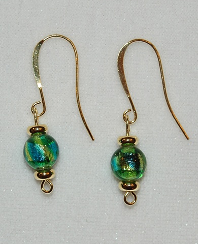 Murano style glass bead mix of green/aqua/gold with gold plated heishi spacers on elongated 22K gold over hypoallergenic French ear wire.