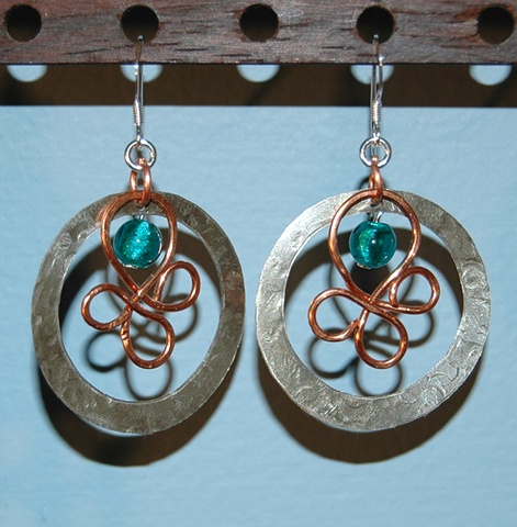 Hammered silver nickel and copper Earrings with teal foil glass bead