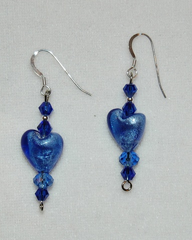 Heart shaped cobalt blue murano style glass earrings  crystal bead accents