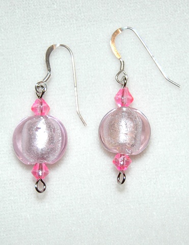 Small puff-coin-shaped murano style glass baby pink Earrings with deep pink crystal bead accents