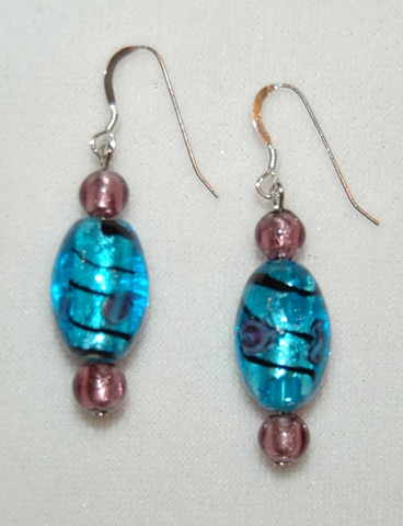 Foil lined oval-shaped Aqua bead Earrings with black swirl and pink-tone design accented with amethyst murano style glass beads 