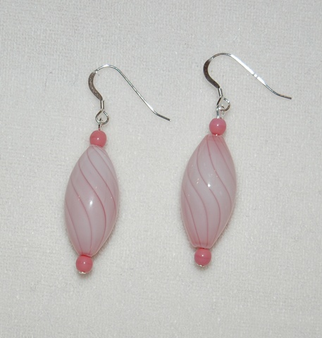 Pink swirled Blown glass Earrings with deep pink glass bead accents on Sterling silver French ear wires