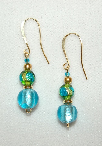 Soft Aqua foil lined glass bead, Earrings, round in shape, accented with murano style glass bead in soft mix of green/aqua/gold, and gold tone spacers 