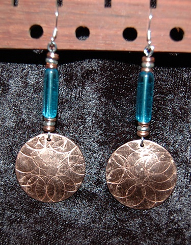 Hammered and incised copper Earrings with  heishe and aqua glass