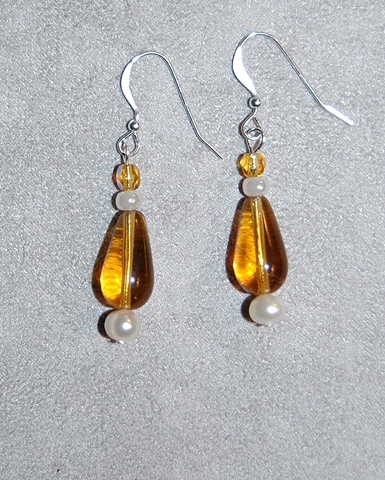 Amber Glass Teardrop Earrings with Freshwater Pearl on Sterling Silver ear wires.