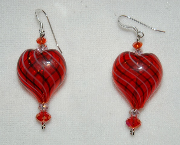 Red heart-shaped blown glass Earrings with crystal bead accents