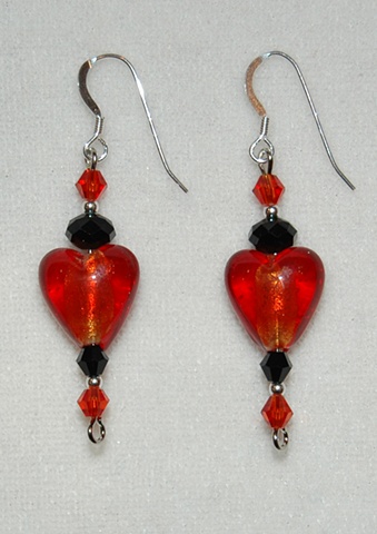 Heart shaped red murano style glass earrings with crystal bead accents