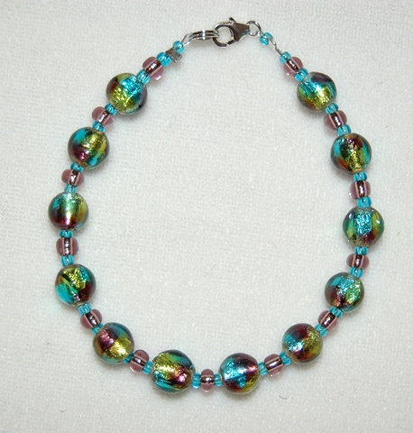 Murano style glass bead bracelet in aqua/green/amethyst mix bead with aqua and amethyst seed beads and Sterling silver clasp