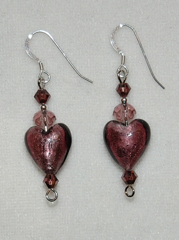 Hear shaped amethyst murano style glass earrings with crystal bead accents