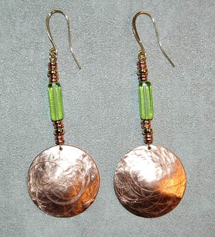 Hammered and incised Copper disc Earringsgwith copper heishe and green glass