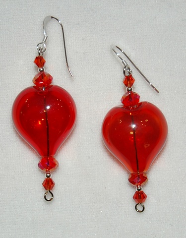 Red heart-shaped blown glass earrings with crystal bead accents