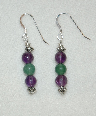 Earrings of Semi-precious Gemstones of Amethyst and Green Adventurine with Pewter spacer beads 