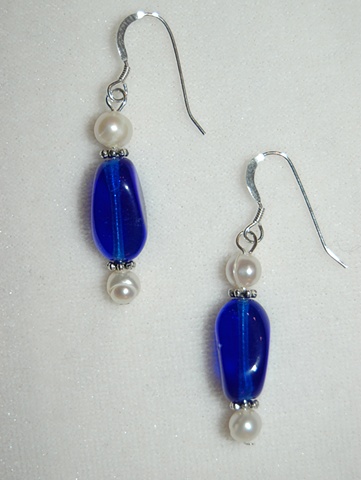 Cobalt Blue glass and Freshwater Pearl Earrings
