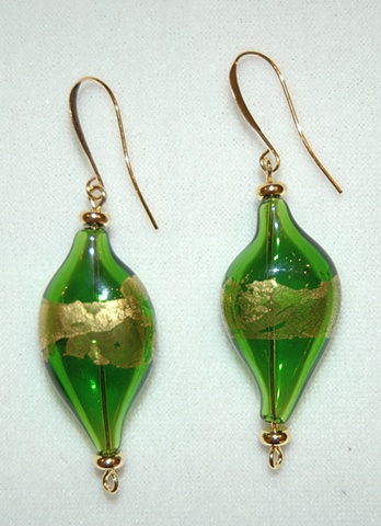 Blown Glass Earrings in Green with Gold leaf, in elongated curved shape 
