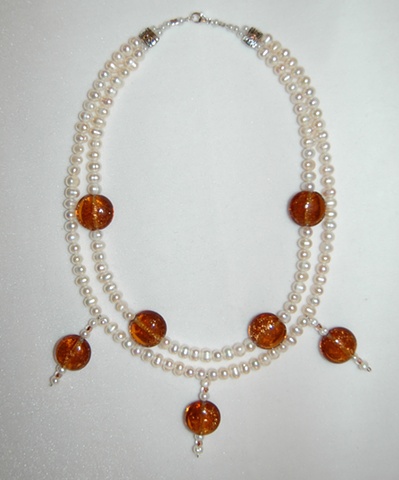 Freshwater pearls double strand necklace with extensions of murano style glass