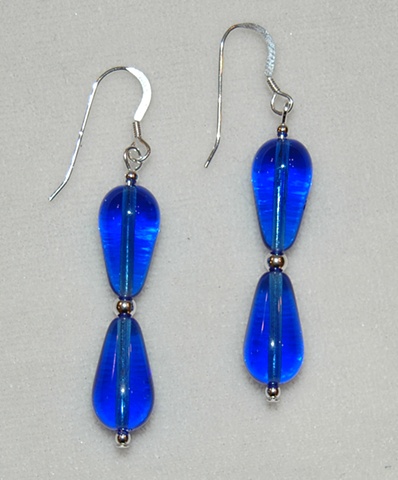 Double teardrop shaped Cobalt blue glass Earrings with Sterling silver accent beads 