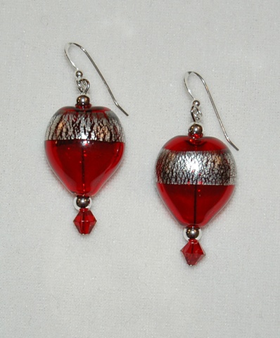 Red Heart-shaped blown glass earrings with silver leaf, sterling spacers and red crystal